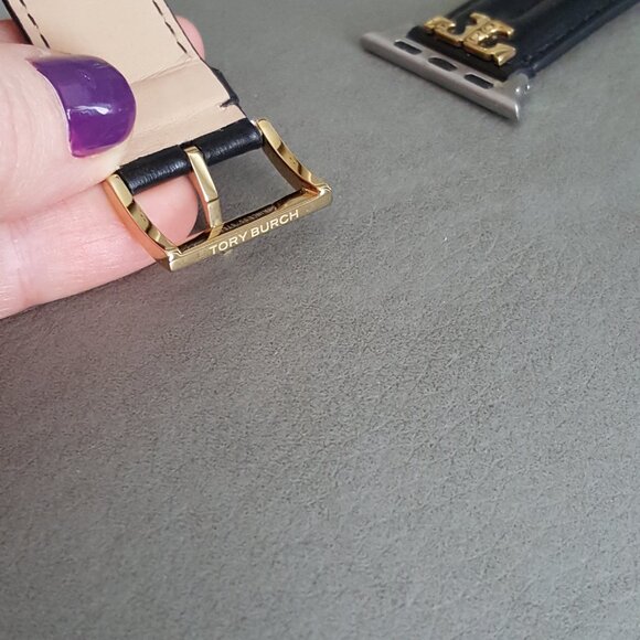 NEW Tory Burch The Kira Black Leather Strap Band For Apple Watch 11 42 Gold - Picture 6 of 7